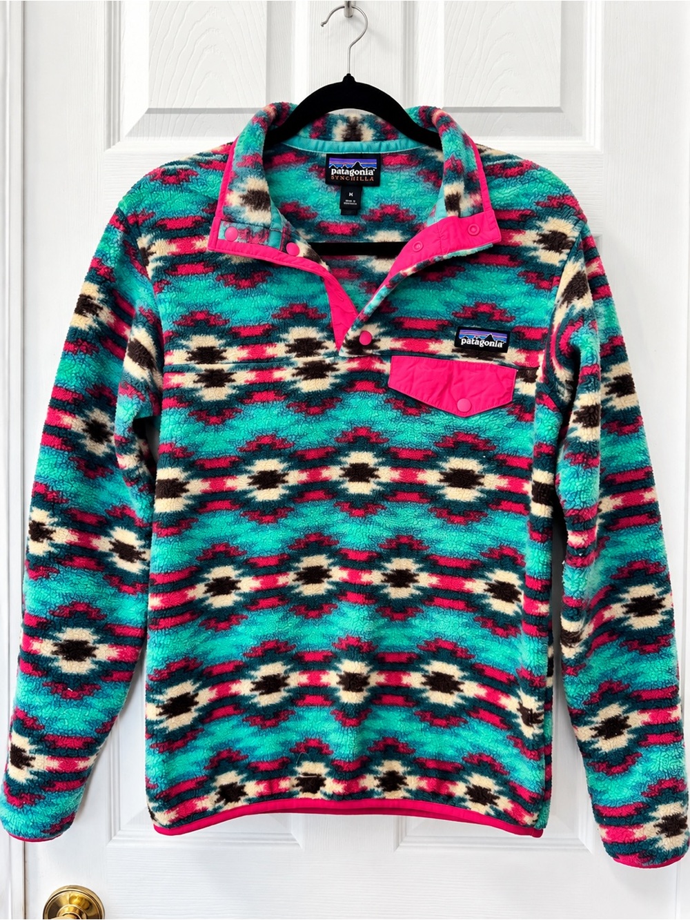 Patagonia Teal & Pink Aztec Snap-Placket Fleece Pullover